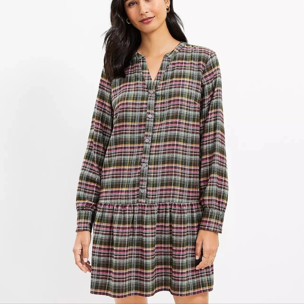LOFT Women’s Preppy Cute Green Pink Plaid Flounce Ruffle Shirt Dress Sz S